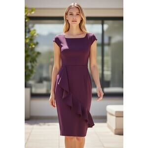BETSY & ADAM Purple Dress Size 12 NEW Asymmetrical Neck Cascading Gown $328